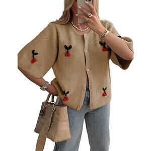 Women’s XS (Fits M) Cherry Knit Khaki Cardigan Korean Button Cottage Sweater EUC